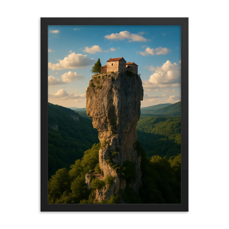 Katskhi Pillar Monolith Georgia framed print on a plain backdrop in size 18
