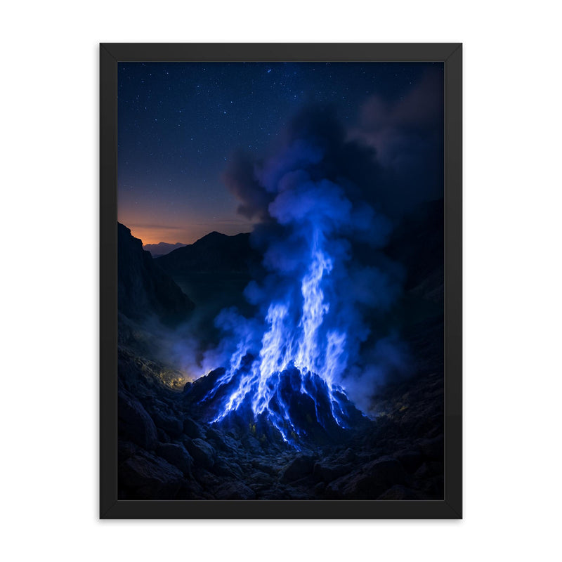 Kawah Ijen Blue Fire Indonesia framed print on a plain backdrop in size 18