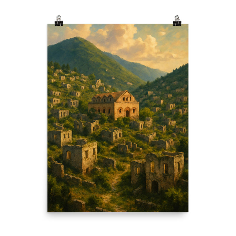 Kayaköy Ghost Village Turkey poster on a plain backdrop in size 8
