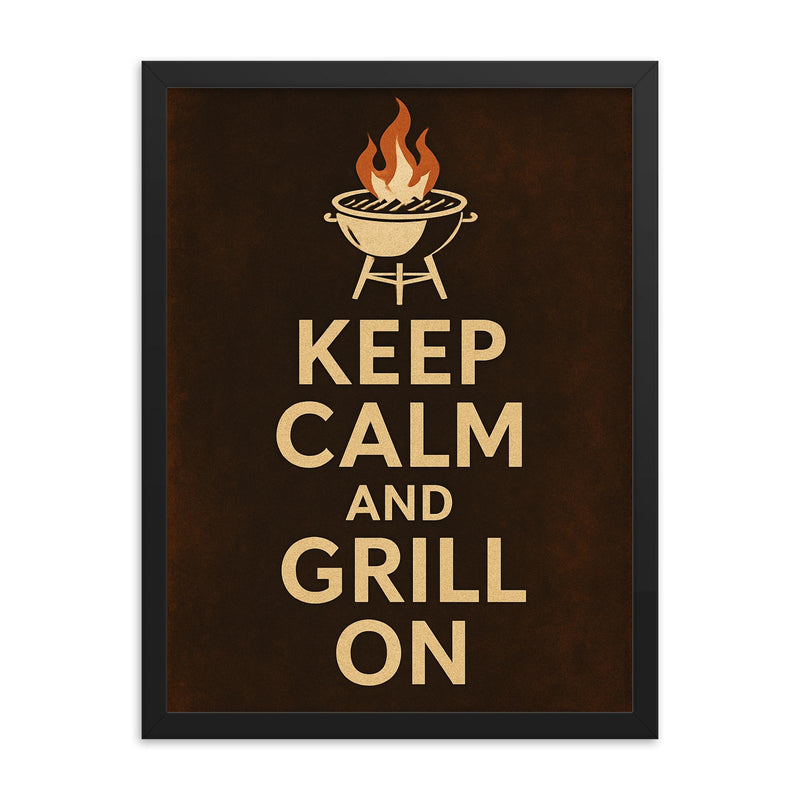 Keep calm and grill on framed print on a plain backdrop in size 18
