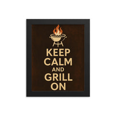 Keep calm and grill on framed print on a plain backdrop in size 8"x10".