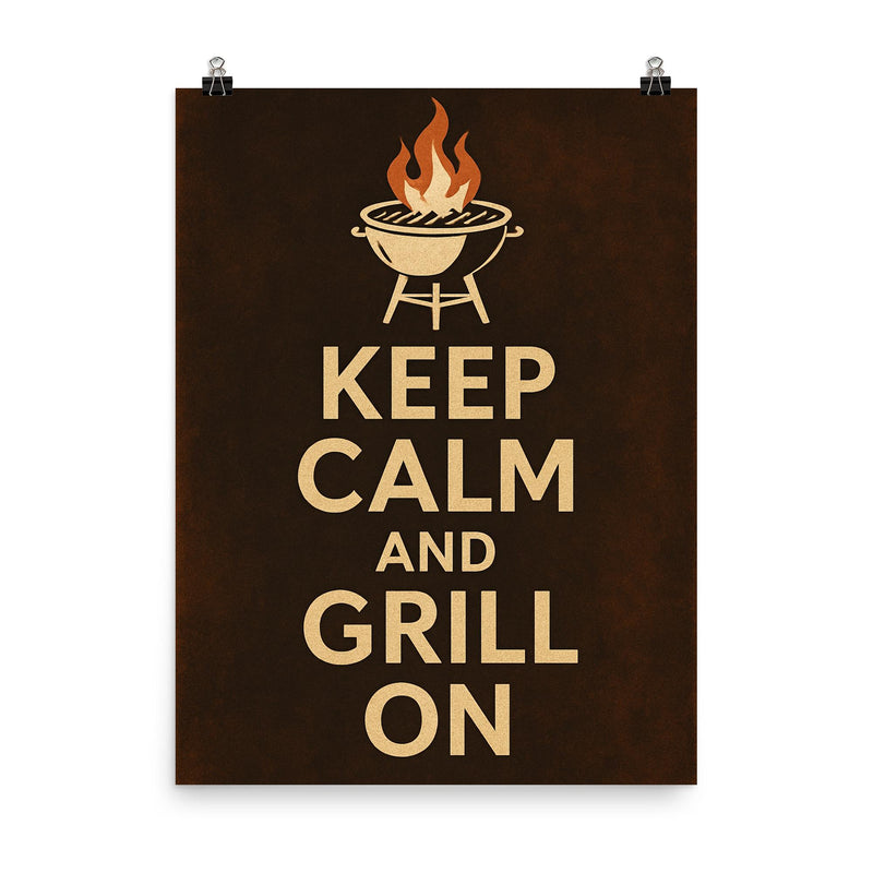 Keep calm and grill on poster on a plain backdrop in size 8