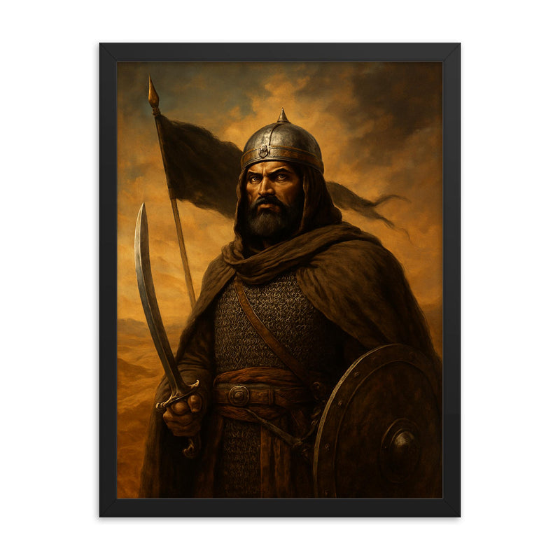 Khalid ibn al Walid desert standard portrait framed print on a plain backdrop in size 18