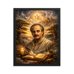 Khalil Gibran cedar grove visionary portrait framed print on a plain backdrop in size 16"x20".