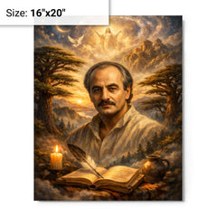 Khalil Gibran cedar grove visionary portrait metal print on a plain backdrop in size 16"x20".
