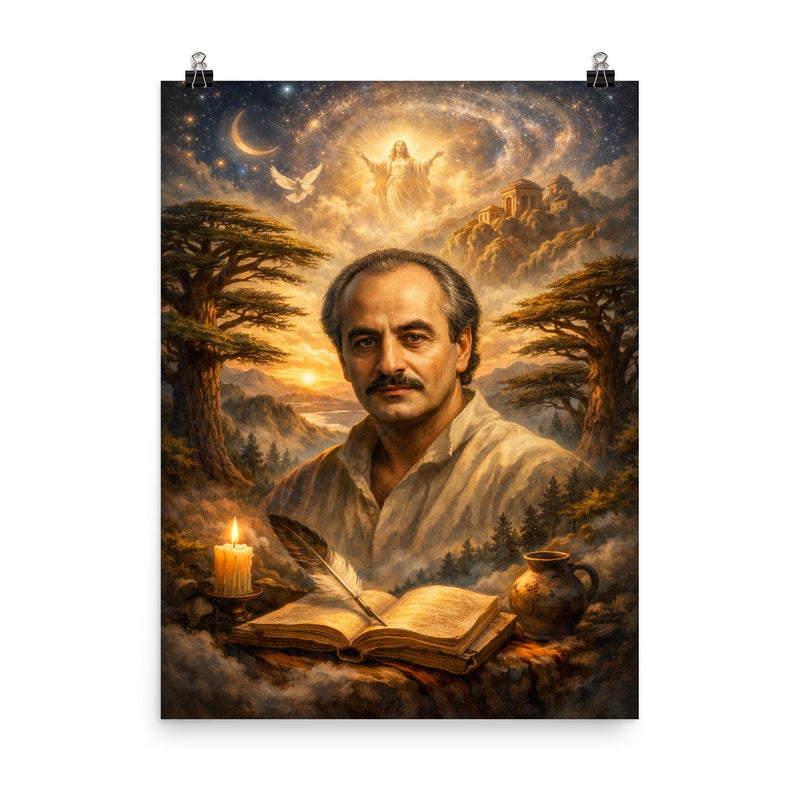 Khalil Gibran cedar grove visionary portrait poster on a plain backdrop in size 8
