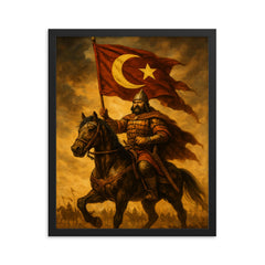 Khazar rider under star and crescent battle standard framed print on a plain backdrop in size 16"x20".
