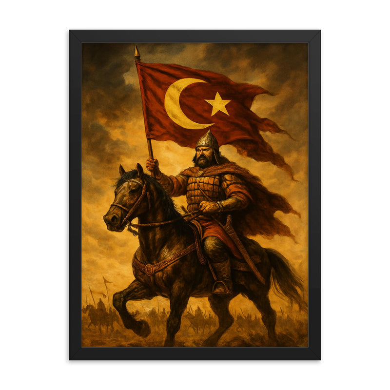 Khazar rider under star and crescent battle standard framed print on a plain backdrop in size 18