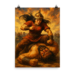 Khutulun wrestler princess pinning giant rival poster on a plain backdrop in size 8"x10".