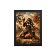 Khutulun wrestling champion beneath Mongol banners framed print on a plain backdrop in size 12"x16".