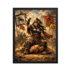 Khutulun wrestling champion beneath Mongol banners framed print on a plain backdrop in size 16"x20".