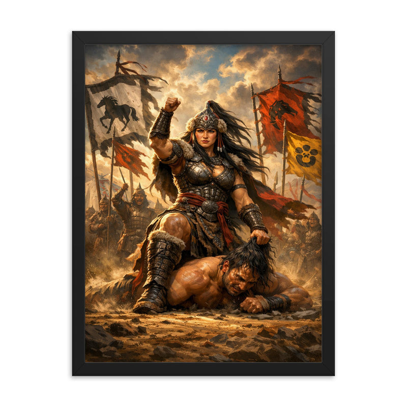 Khutulun wrestling champion beneath Mongol banners framed print on a plain backdrop in size 18