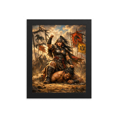 Khutulun wrestling champion beneath Mongol banners framed print on a plain backdrop in size 8"x10".