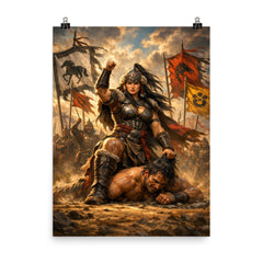 Khutulun wrestling champion beneath Mongol banners poster on a plain backdrop in size 8"x10".