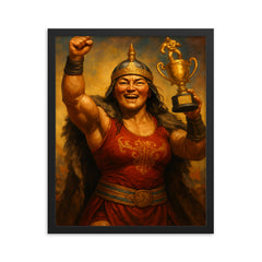 Khutulun wrestling champion victory portrait framed print on a plain backdrop in size 16"x20".