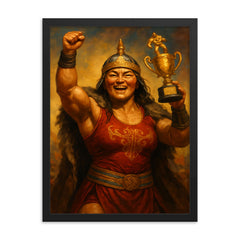 Khutulun wrestling champion victory portrait framed print on a plain backdrop in size 18"x24".