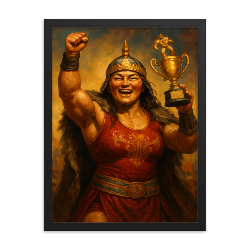 Khutulun wrestling champion victory portrait framed print on a plain backdrop in size 18