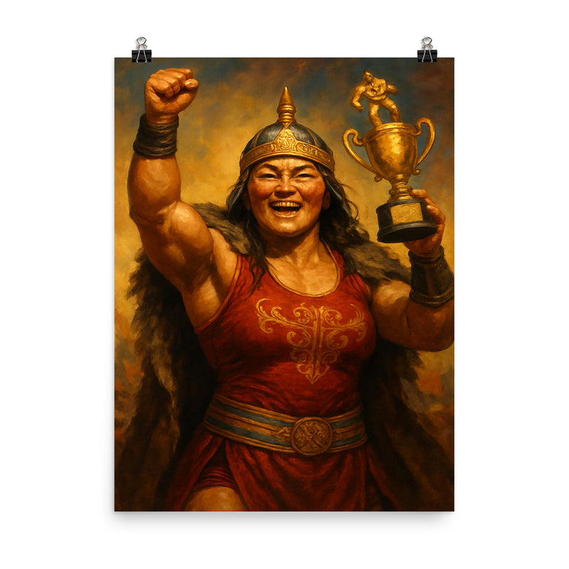 Khutulun wrestling champion victory portrait poster on a plain backdrop in size 8
