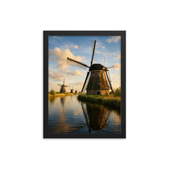 Kinderdijk Windmills Netherlands framed print on a plain backdrop in size 12"x16".