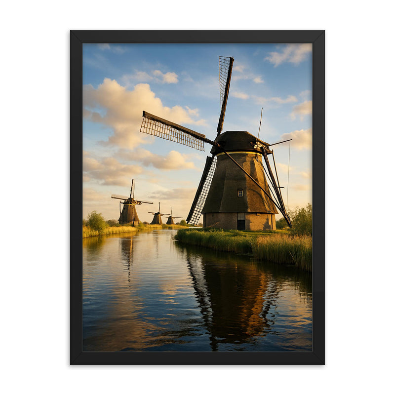 Kinderdijk Windmills Netherlands framed print on a plain backdrop in size 18