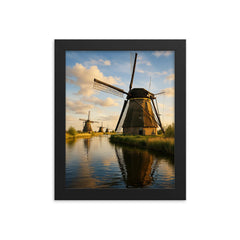 Kinderdijk Windmills Netherlands framed print on a plain backdrop in size 8"x10".