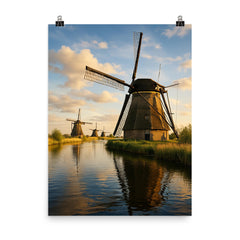 Kinderdijk Windmills Netherlands poster on a plain backdrop in size 8"x10".
