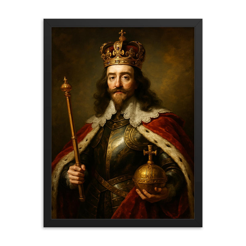 King Charles I framed print on a plain backdrop in size 18