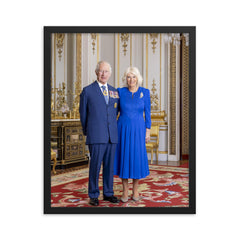 King Charles III and Queen Camilla official Australian portrait - full length version framed print on a plain backdrop in size 16"x20".