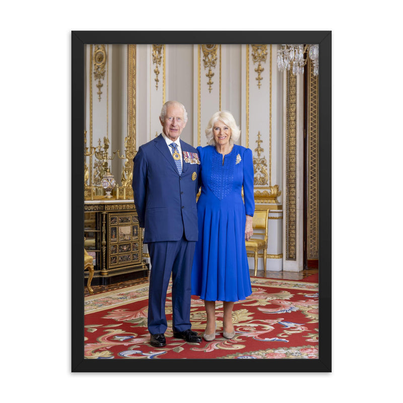 King Charles III and Queen Camilla official Australian portrait - full length version framed print on a plain backdrop in size 18