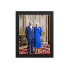 King Charles III and Queen Camilla official Australian portrait - full length version framed print on a plain backdrop in size 8"x10".