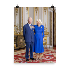 King Charles III and Queen Camilla official Australian portrait - full length version poster on a plain backdrop in size 8"x10".