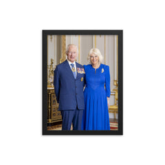 King Charles III and Queen Camilla official Australian portrait framed print on a plain backdrop in size 12"x16".