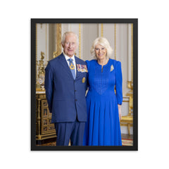 King Charles III and Queen Camilla official Australian portrait framed print on a plain backdrop in size 16"x20".