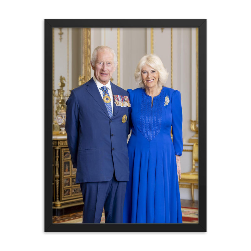 King Charles III and Queen Camilla official Australian portrait framed print on a plain backdrop in size 18
