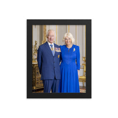 King Charles III and Queen Camilla official Australian portrait framed print on a plain backdrop in size 8"x10".
