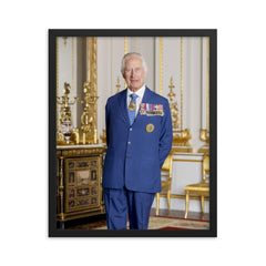 King Charles III Official Australian portrait framed print on a plain backdrop in size 16"x20".