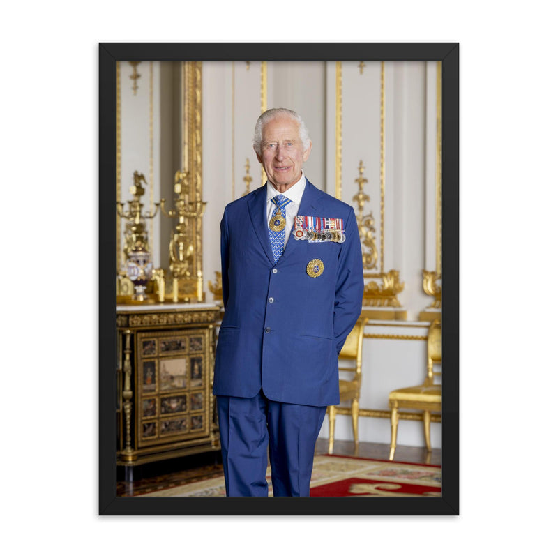 King Charles III Official Australian portrait framed print on a plain backdrop in size 18