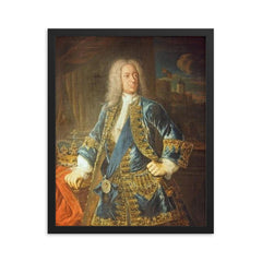 King George II framed print on a plain backdrop in size 16"x20".