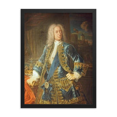 King George II framed print on a plain backdrop in size 18"x24".