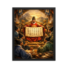 King Sejong unveiling Hangul to scholars framed print on a plain backdrop in size 16"x20".