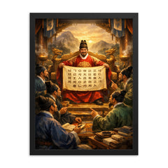 King Sejong unveiling Hangul to scholars framed print on a plain backdrop in size 18"x24".