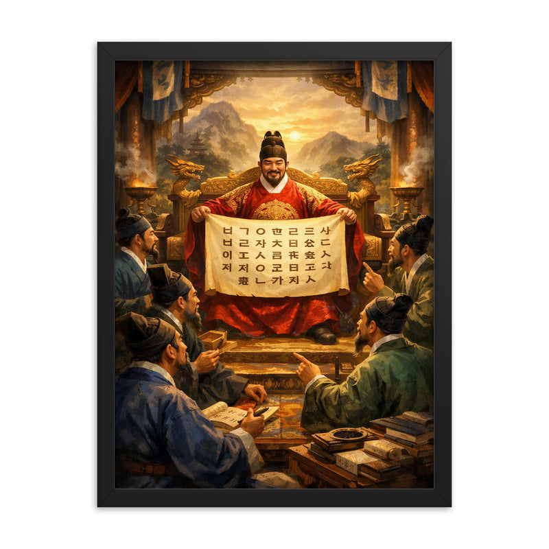 King Sejong unveiling Hangul to scholars framed print on a plain backdrop in size 18