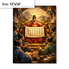 King Sejong unveiling Hangul to scholars metal print on a plain backdrop in size 12"x16".