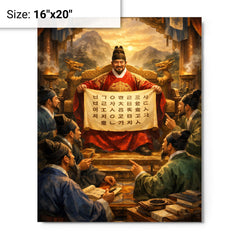 King Sejong unveiling Hangul to scholars metal print on a plain backdrop in size 16"x20".