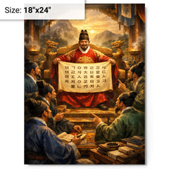 King Sejong unveiling Hangul to scholars metal print on a plain backdrop in size 18"x24".