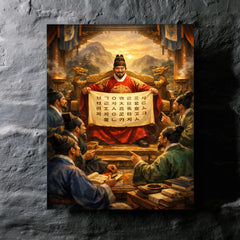 King Sejong unveiling Hangul to scholars metal print mockup