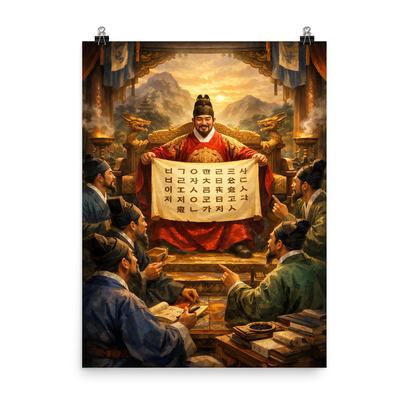 King Sejong unveiling Hangul to scholars poster on a plain backdrop in size 8