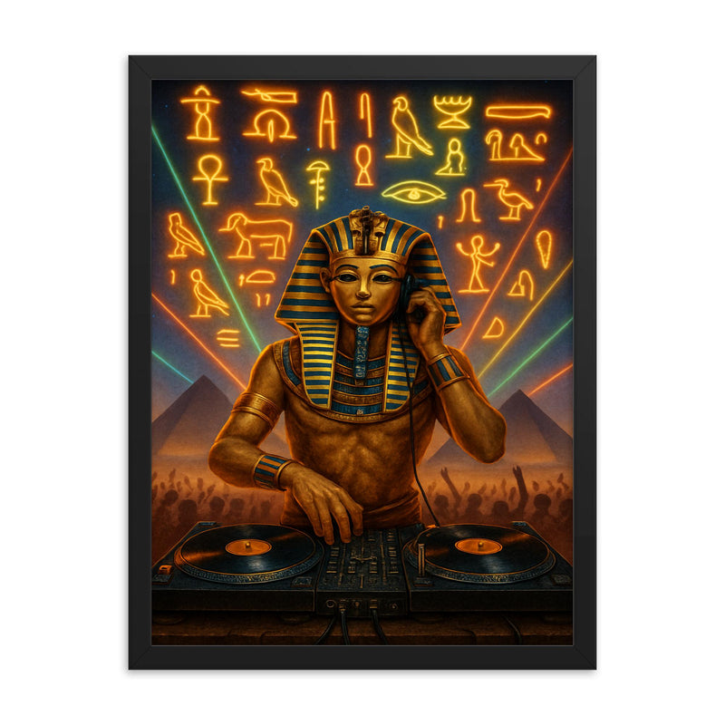 King Tutankhamun DJ ing at a desert rave with hieroglyphic lights framed print on a plain backdrop in size 18