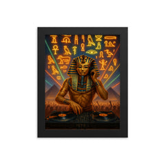 King Tutankhamun DJ ing at a desert rave with hieroglyphic lights framed print on a plain backdrop in size 8"x10".