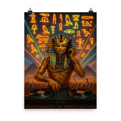 King Tutankhamun DJ ing at a desert rave with hieroglyphic lights poster on a plain backdrop in size 8"x10".